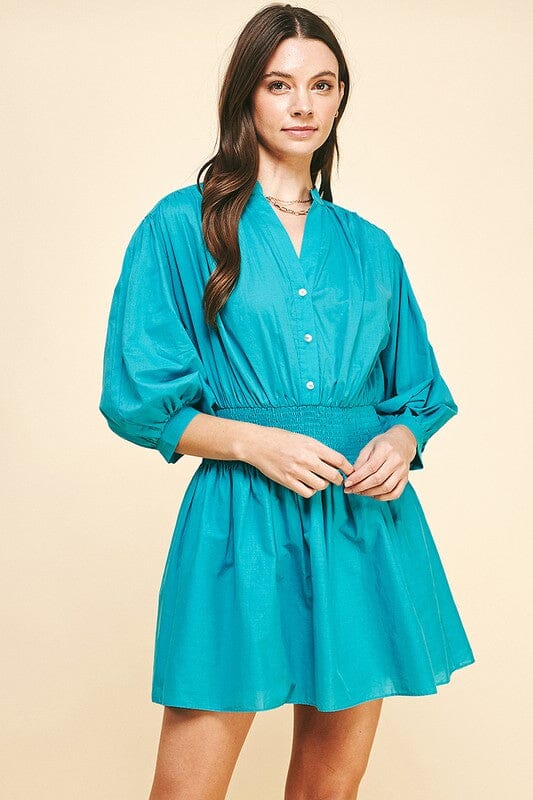 Mandarin Collar Smocked Waist Dress Pinch 