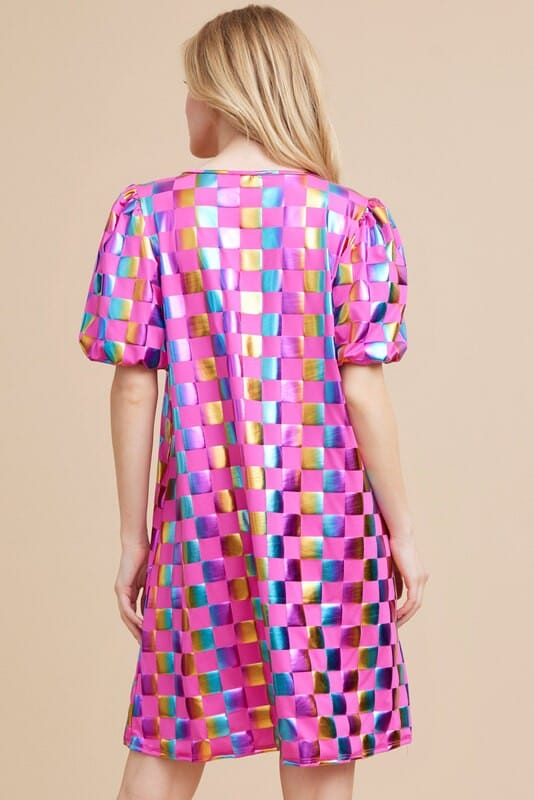 Metallic Checker-Board Print Dress jodifl 