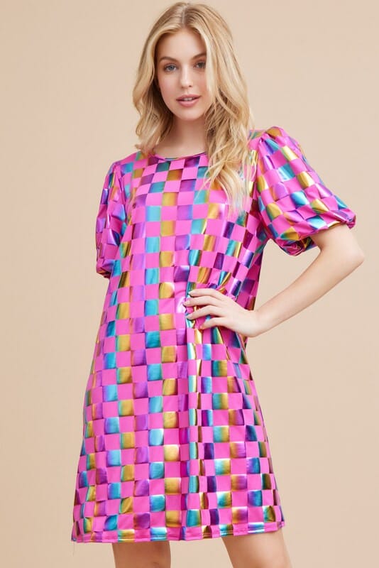 Metallic Checker-Board Print Dress jodifl 