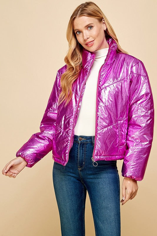 Pink metallic shop puffer coat