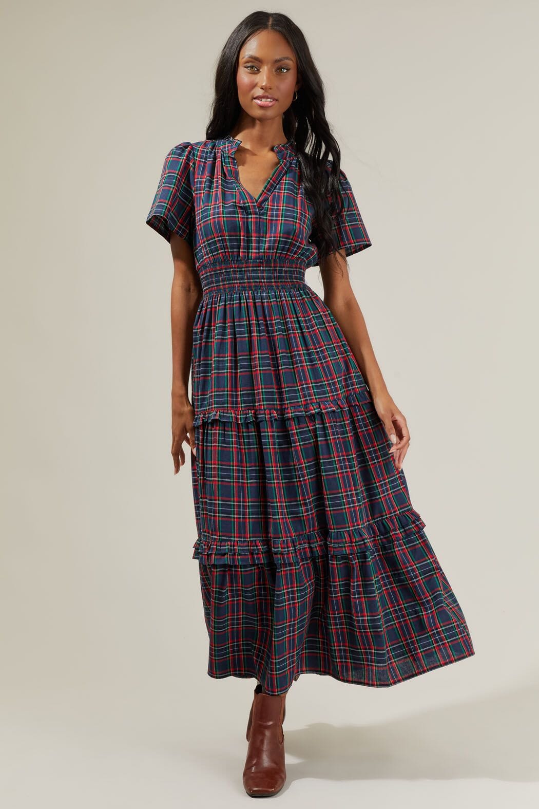 Miley Split Neck Navy Plaid Maxi Sugarlips 