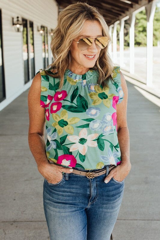 Mint Bold Floral Sleeveless Top Youmi 