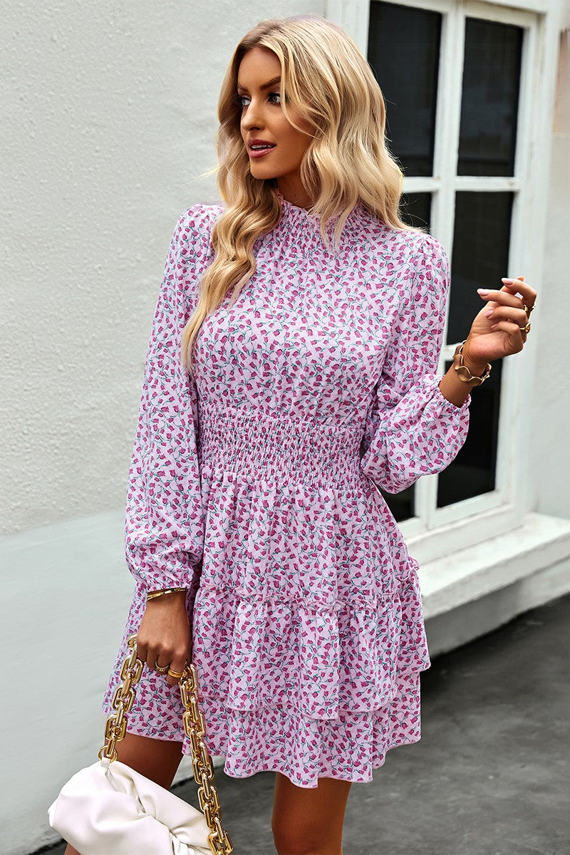 Mock Neck Floral Ruffle Layer Dress supreme fashion 