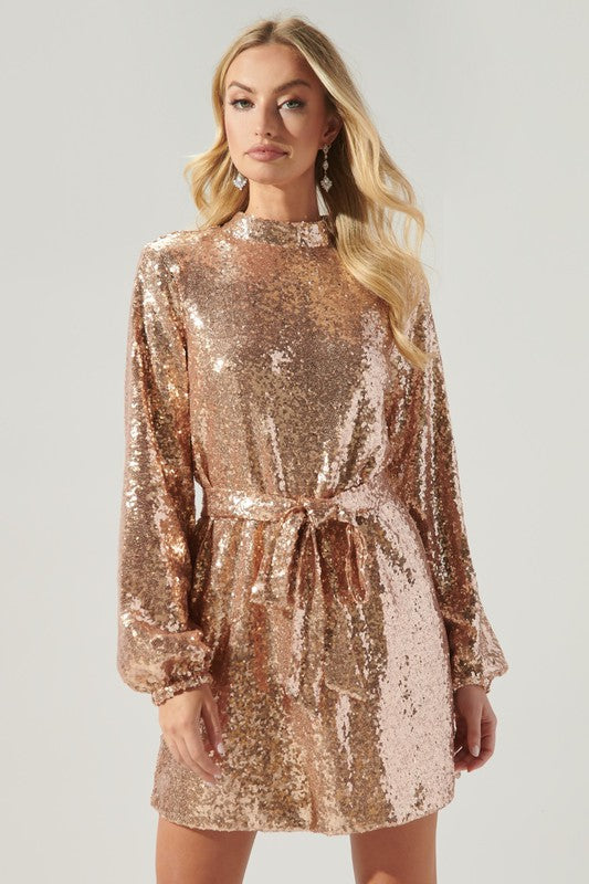 Mock Neck Rose Gold Sequin Dress Sugarlips 