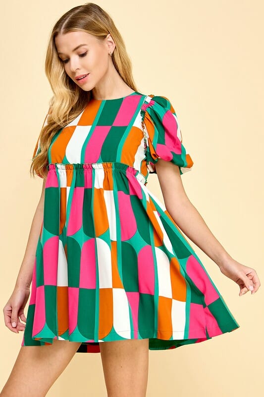 Mod Print Puff Sleeve Dress TCEC 