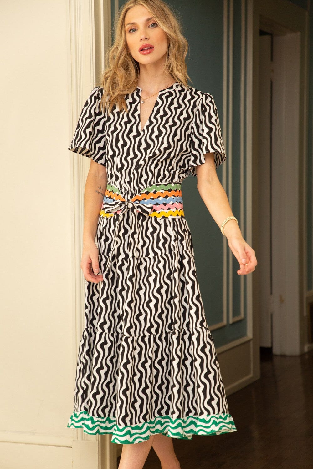 Multi Color Belt Attached Midi Print Dress Voy 