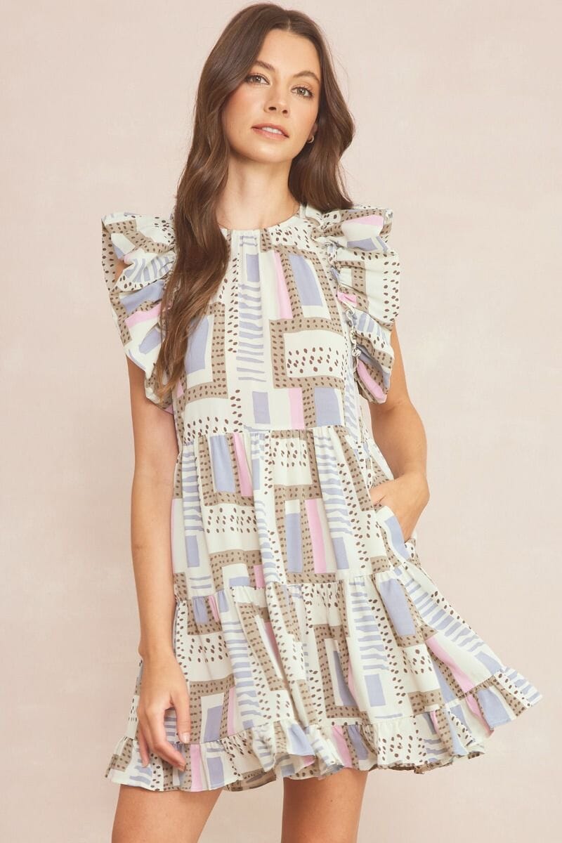 Multi Mod Print Ruffle Sleeve Dress entro 