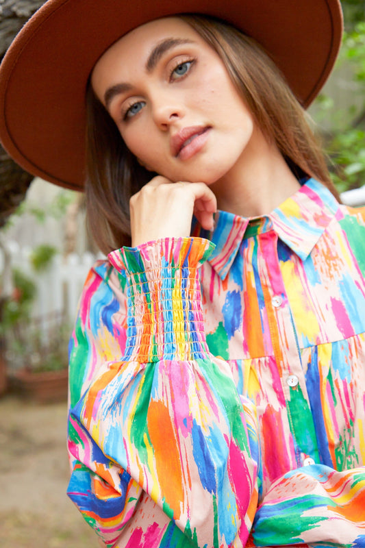 Multicolor Brushed Print Poplin Dress peach love california 