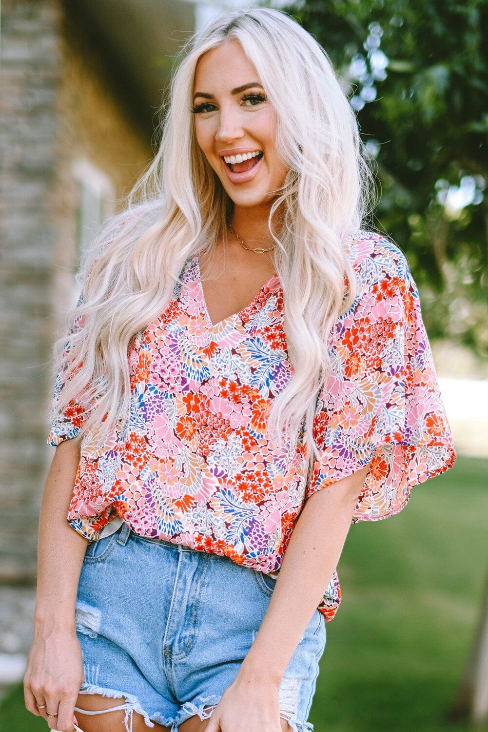 Multicolor Notch V Neck Gorgeous Floral Blouse Youmi 