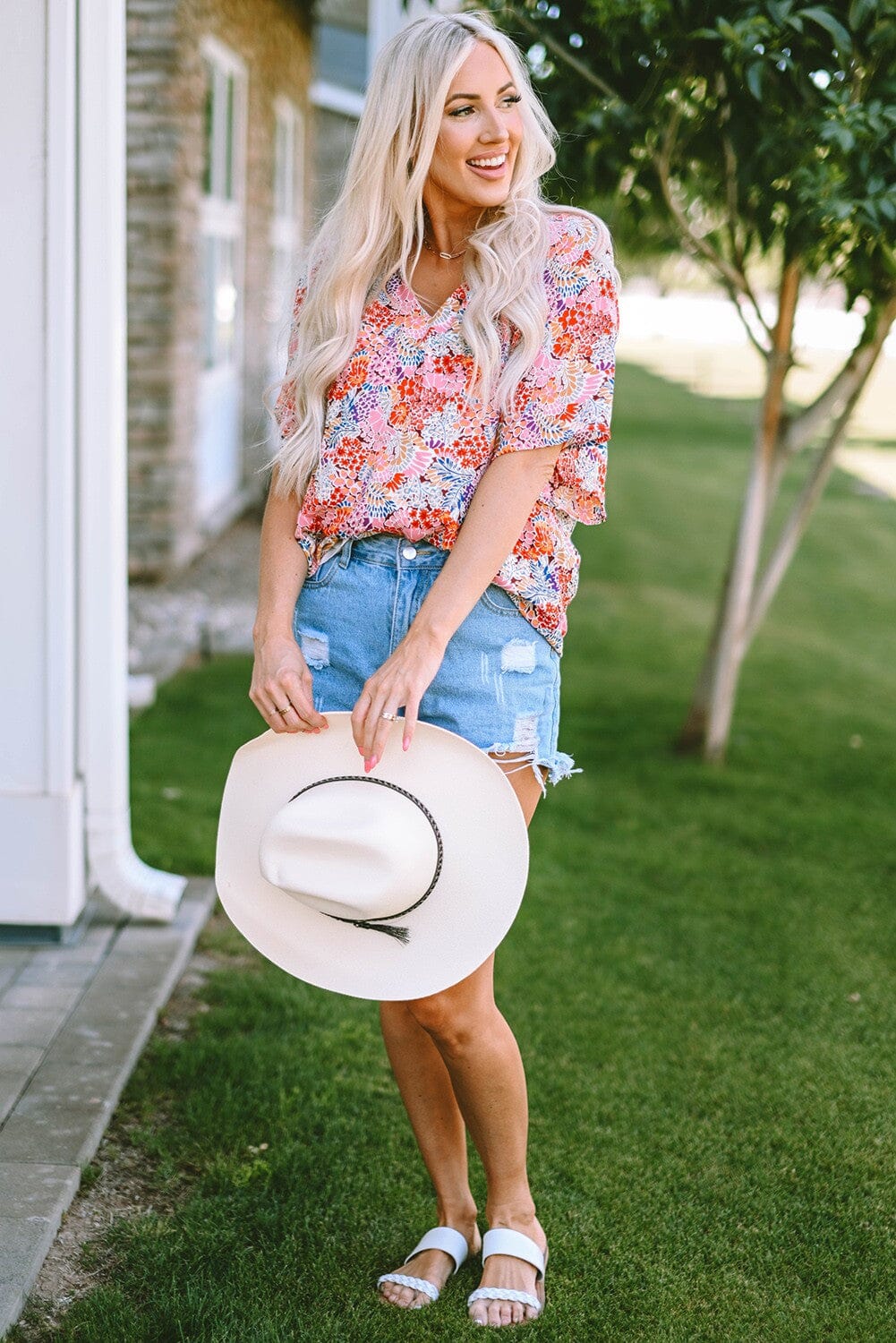 Multicolor Notch V Neck Gorgeous Floral Blouse Youmi 
