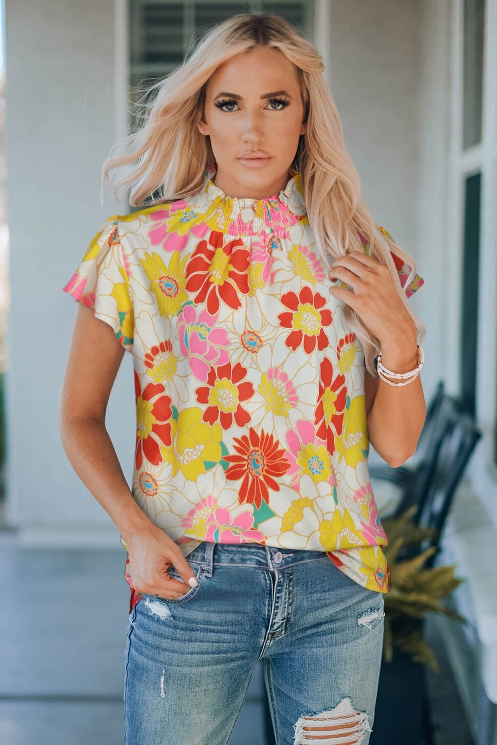 Multicolor Stand Collar Flutter Sleeves Floral Top Shewin 