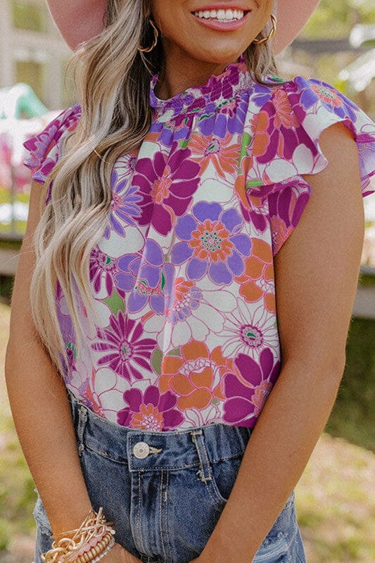 Multicolor Stand Collar Flutter Sleeves Floral Top Shewin 