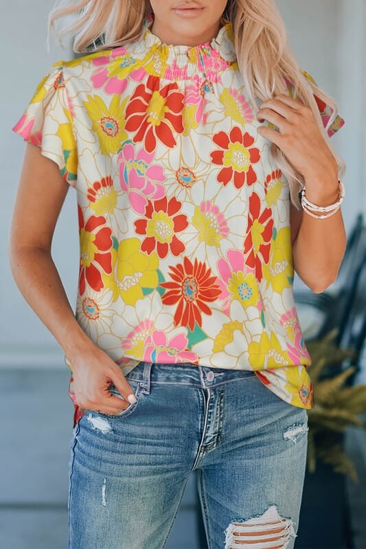 Multicolor Stand Collar Flutter Sleeves Floral Top Shewin 
