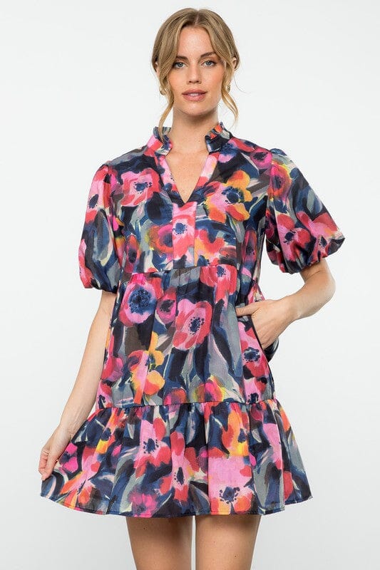 Navy and Pink Watercolor Floral Puff Sleeve Dress thml 