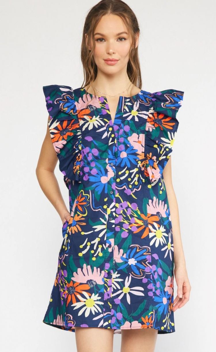 Navy Floral Ruffle Sleeve Dress entro 