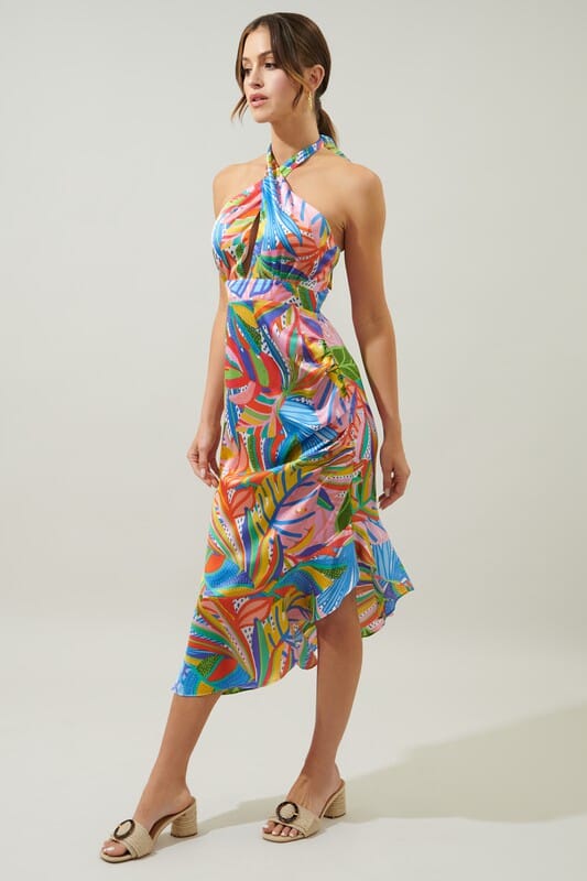 New Guinea Asymmetrical Ruched Midi Halter Dress Sugarlips 