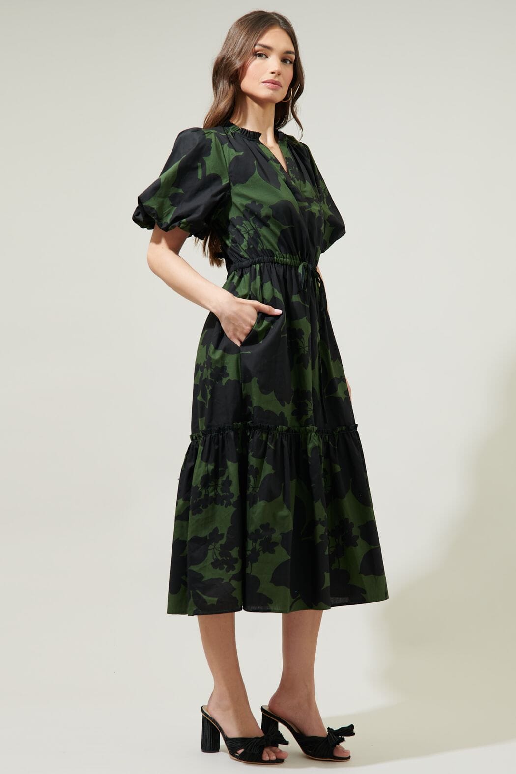 Night Moss Ginny Bubble Sleeve Midi Dress Sugarlips 
