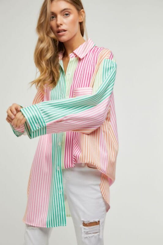 Pastel Multi Stripe Button Down Cover Up Davi and Dani 