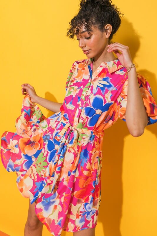 Pink and Blue Floral Button Up Dress with Tie flying tomato 