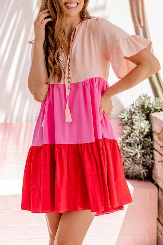 Pink and Red Flowy Colorblock Dress Youmi 