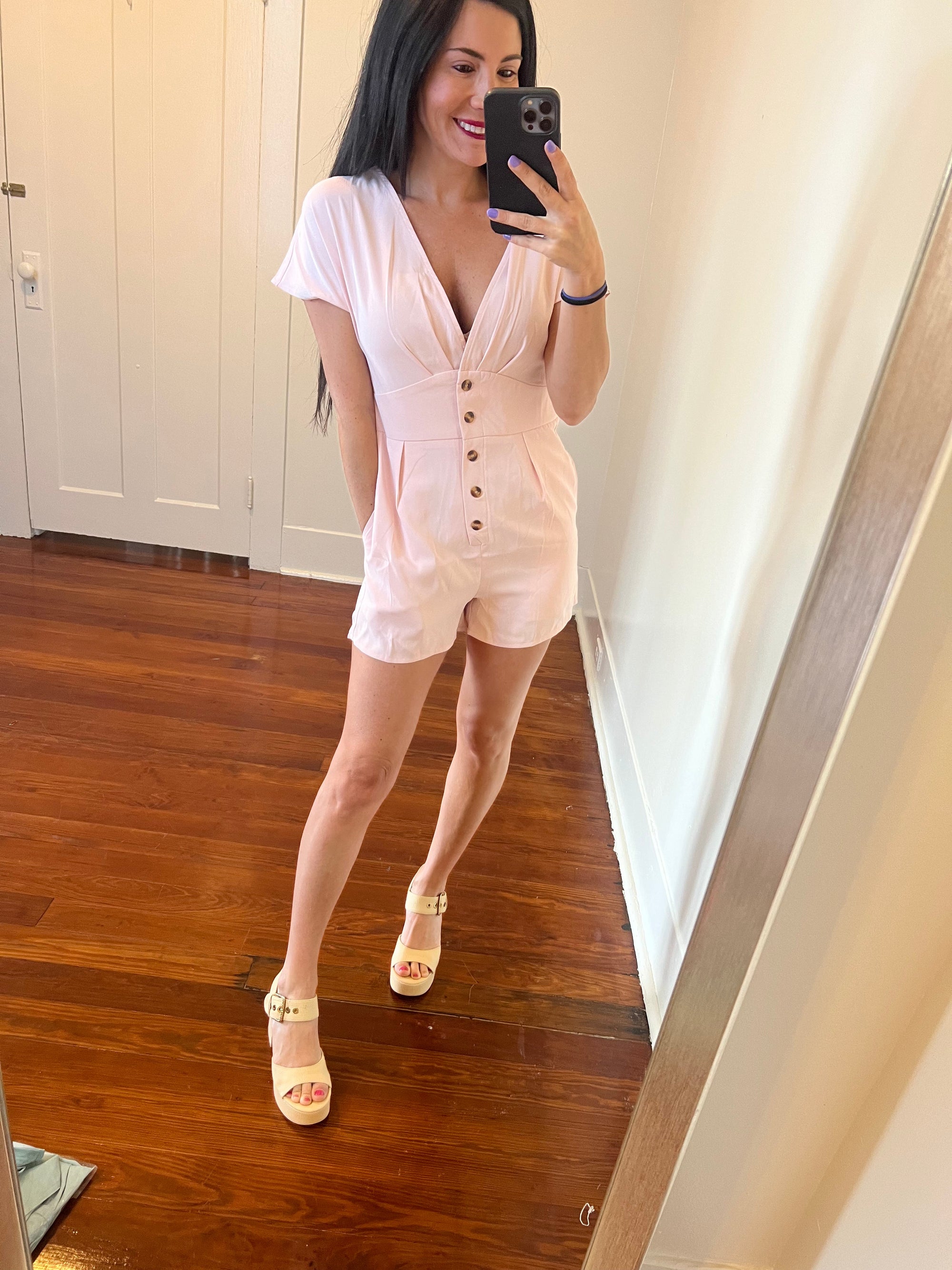 Pink Button Romper SNAP-Something New And Pretty 