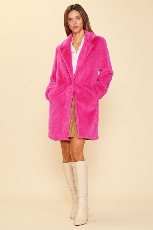 Pink Faux Fur Midi Coat skies are blue 