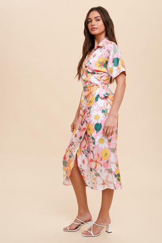 Pink Floral Collared Wrap Midi Dress In Loom 
