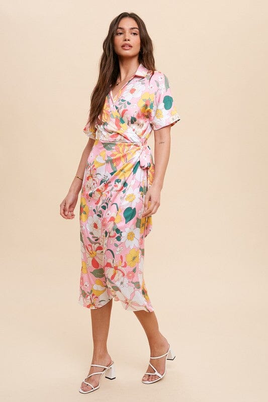 Pink Floral Collared Wrap Midi Dress In Loom 