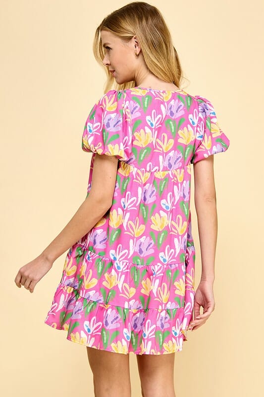 Pink Floral Ruffle Hem Dress TCEC 