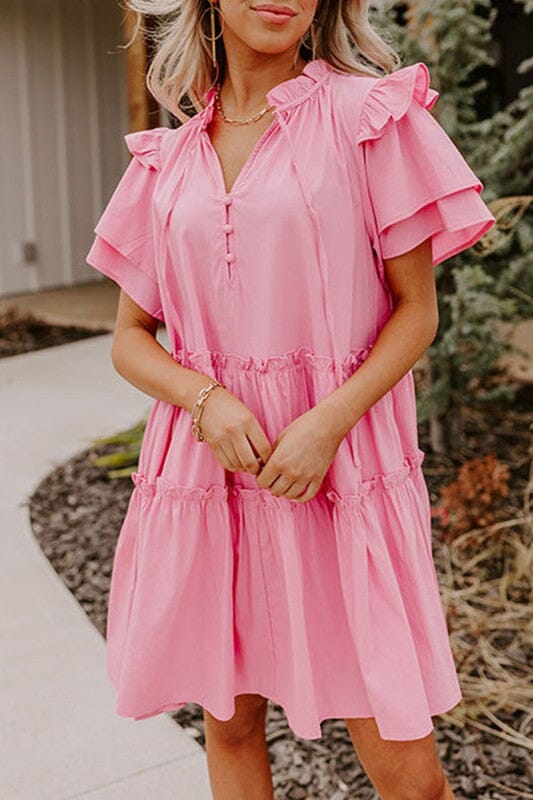 Pink Henley Frill Puff Sleeve Dress Kentce 