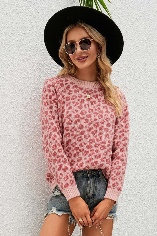 Pink Leopard Crewneck Sweater Shewin 