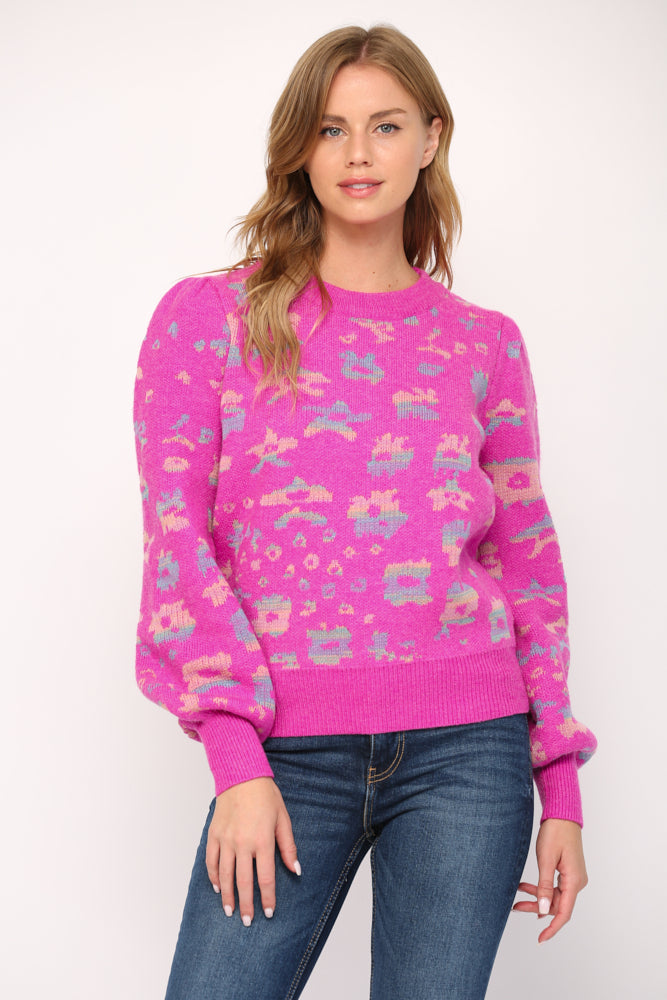 Pink Leopard Puff Sleeve Sweater Fate 