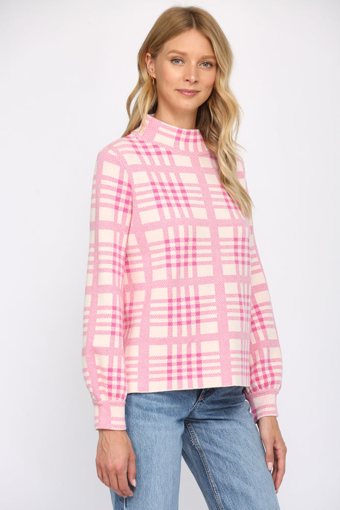 Pink Plaid Mock Neck Bubble Sleeve Sweater Fate 