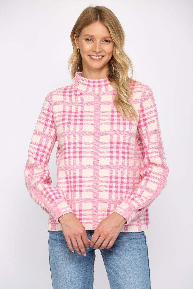 Pink Plaid Mock Neck Bubble Sleeve Sweater Fate 