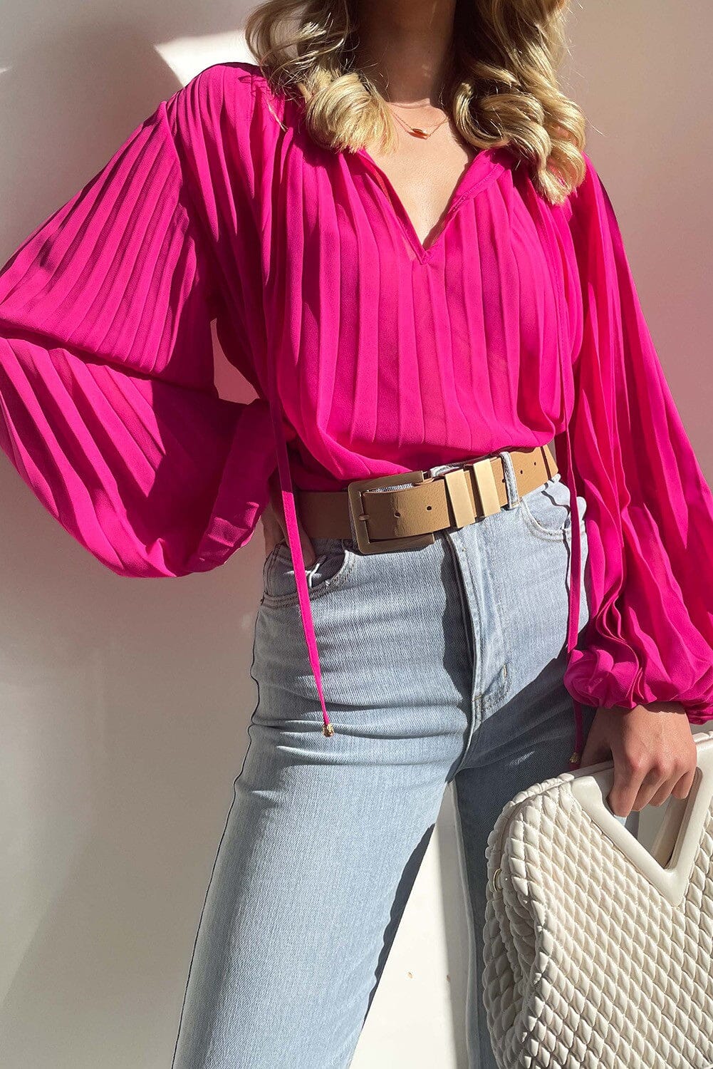 Pink Pleated V Blouse Shiying 