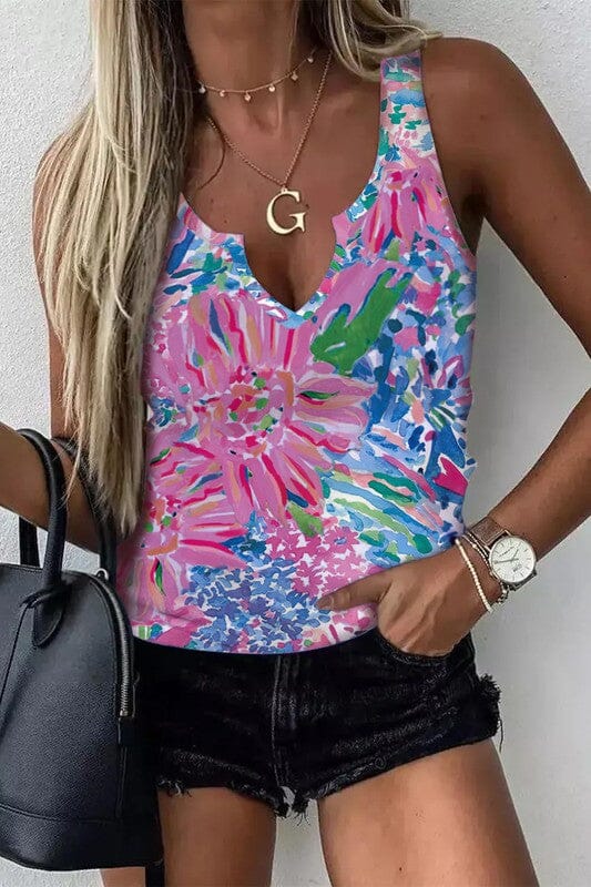 Pink Sleeveless V-neck Floral Print Tank Top Shiying 