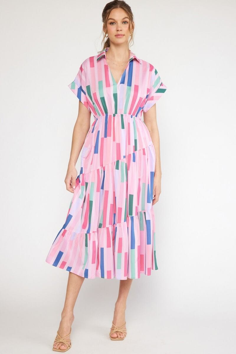 Pink Striped Collared Dress with Asymmetrical Tiers entro 