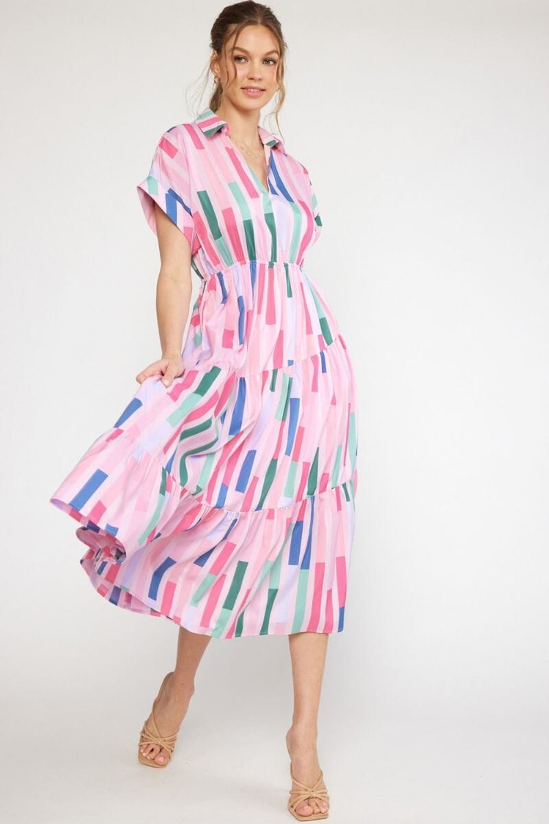 Pink Striped Collared Dress with Asymmetrical Tiers entro 