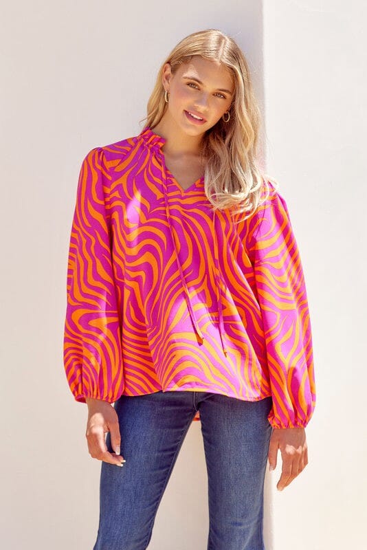 Pink Zebra Print Tie Neck Top jodifil 