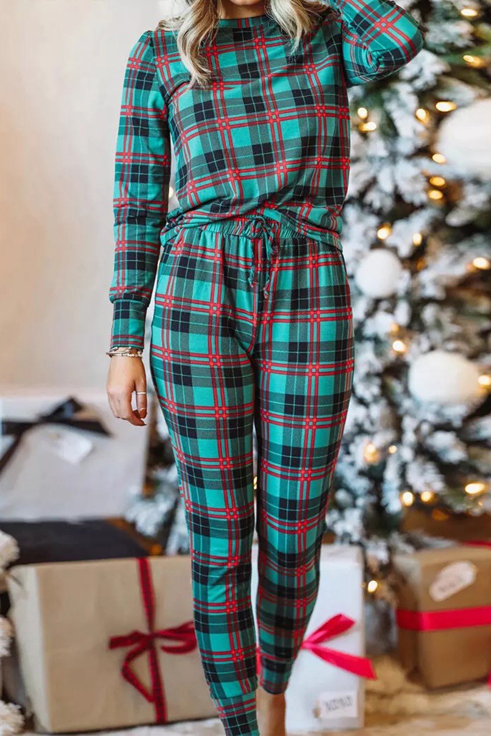 Plaid Drawstring Loungewear Set Shewin 