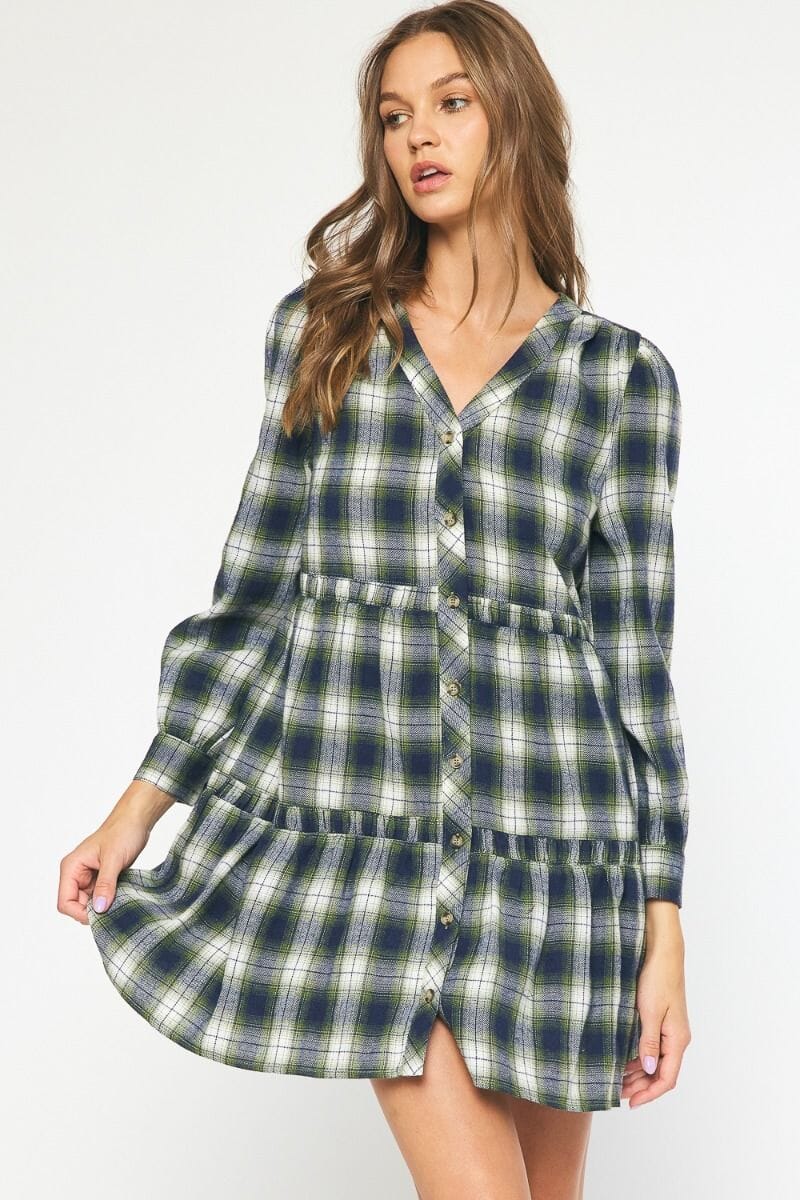 Plaid Longsleeve Tiered Dress entro 