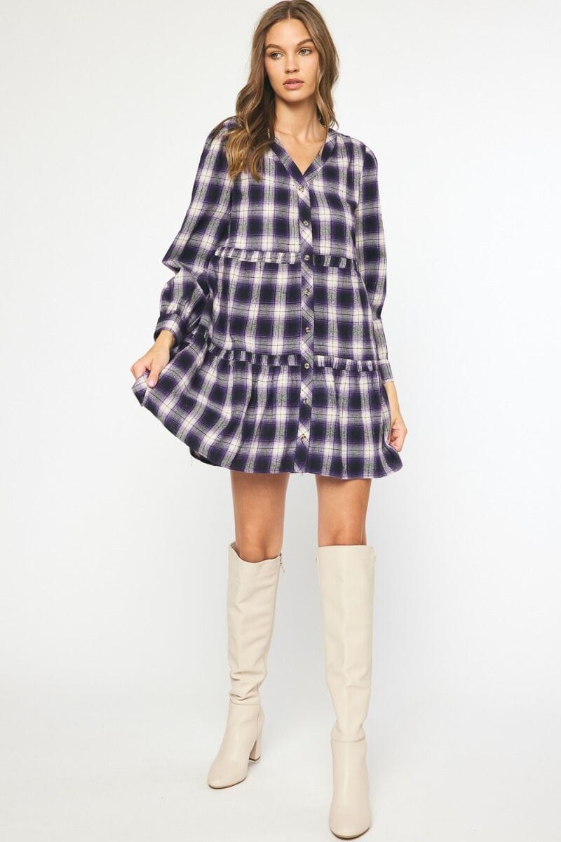 Plaid Longsleeve Tiered Dress entro 