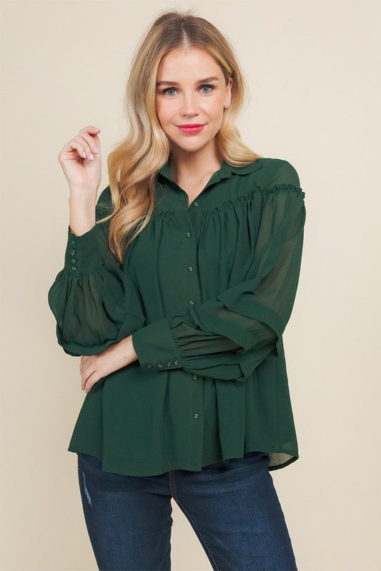 Pleated Arm Detail Button Up Top TCEC 