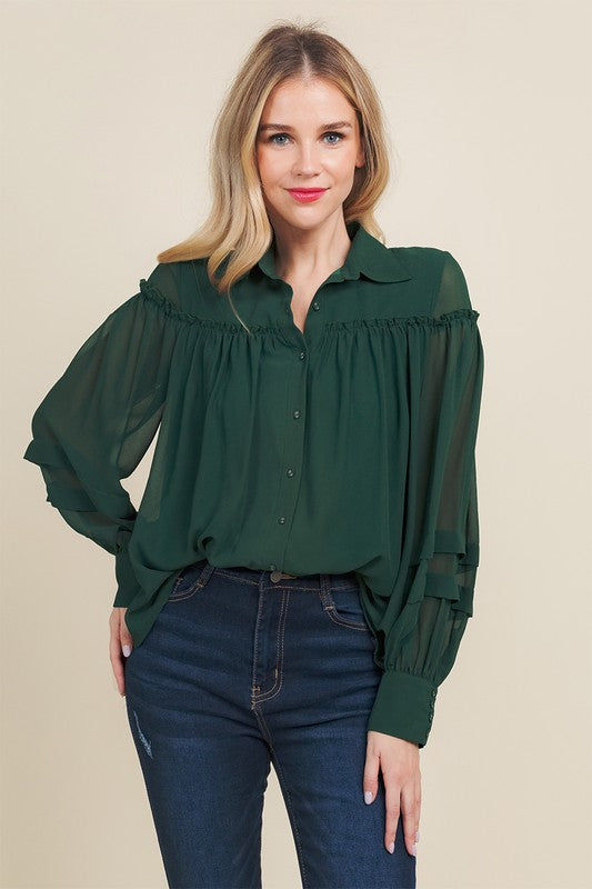 Pleated Arm Detail Button Up Top TCEC 