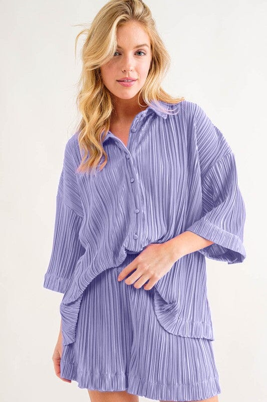 Pleated Button-Up Shirts and Shorts Set Ces Femme 