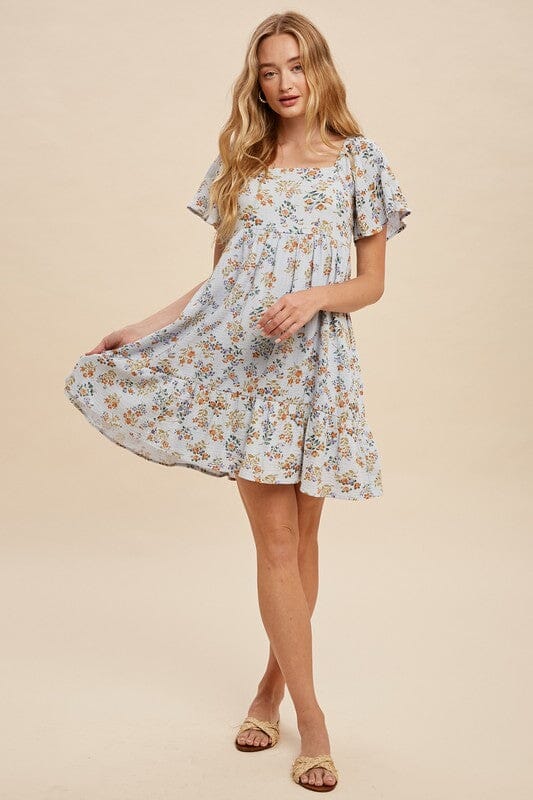 Powder Blue Floral Gauze Cotton Dress In Loom 