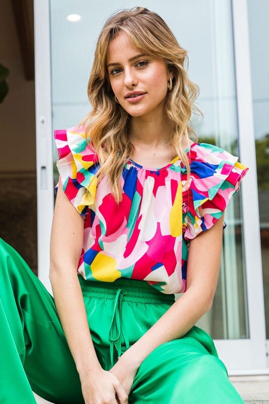 Print Layered Ruffle Shoulder Top Jodifl 