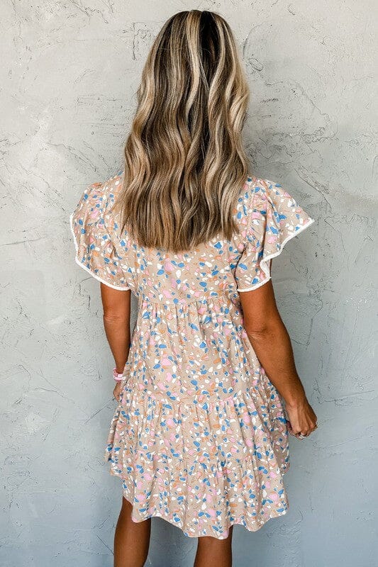 Printed Crisscross V Neck Flutter Sleeve Dress Shiying 
