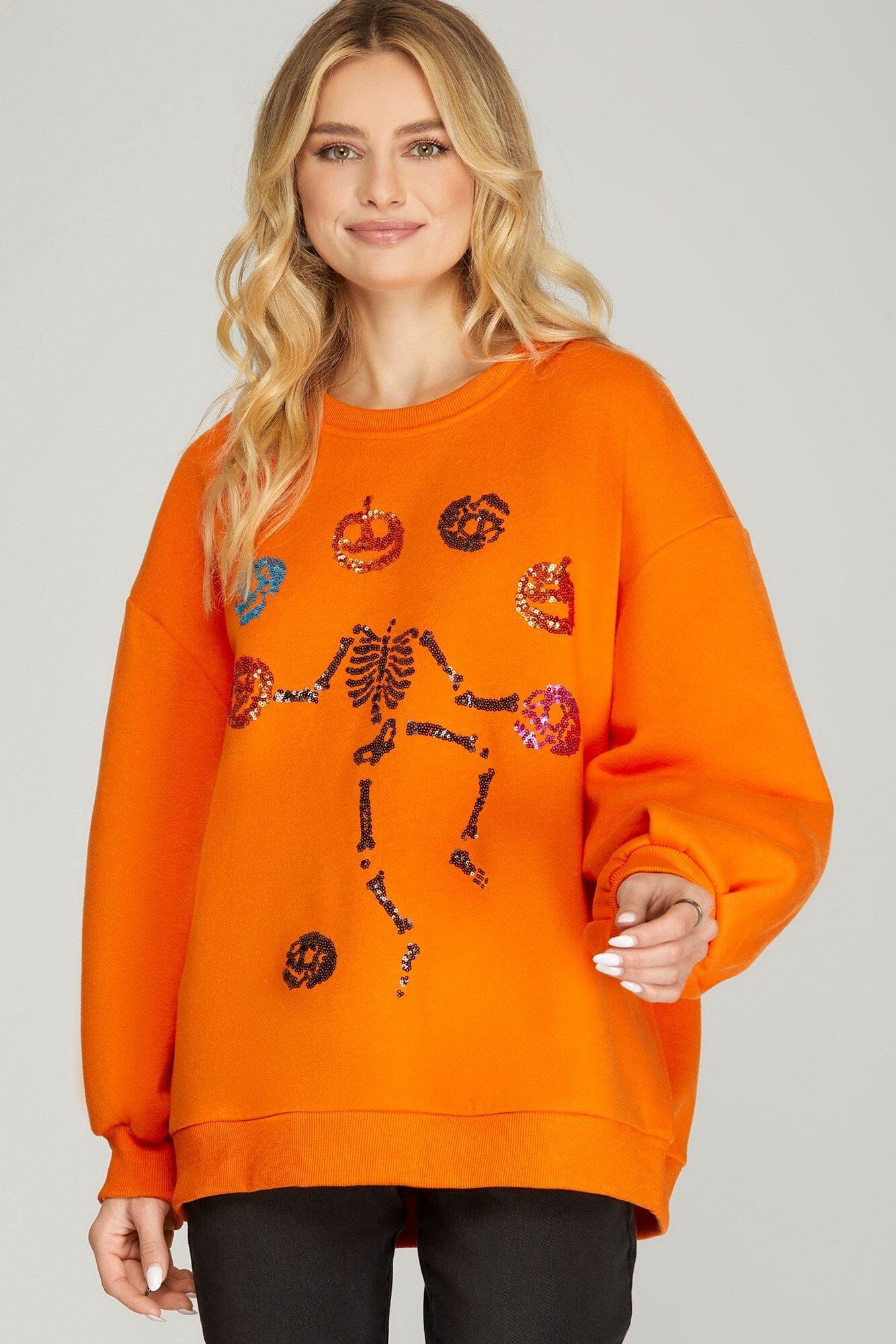 Pumpkin Skeleton Sequin Sweatshirt she + sky 