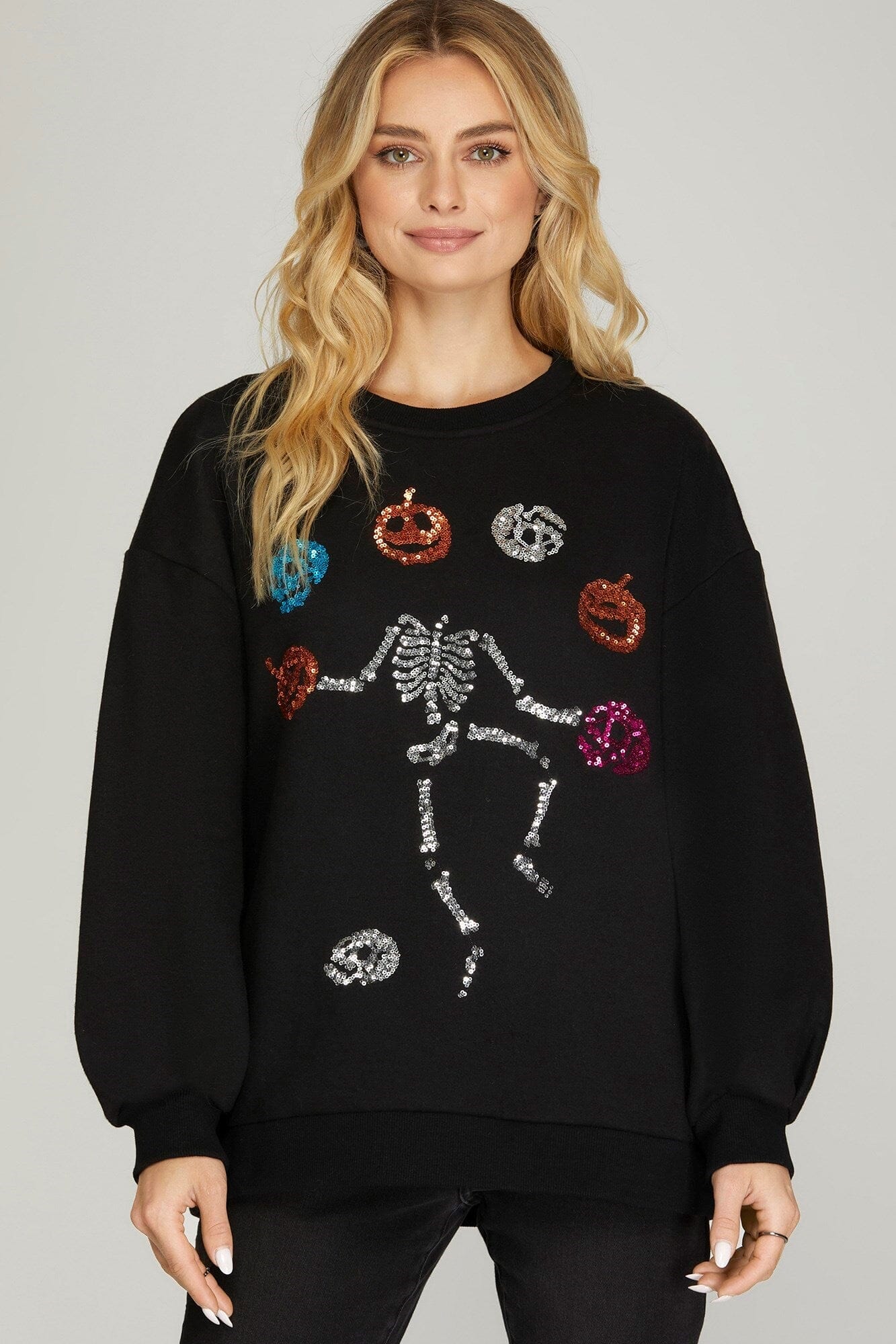 Pumpkin Skeleton Sequin Sweatshirt she + sky 